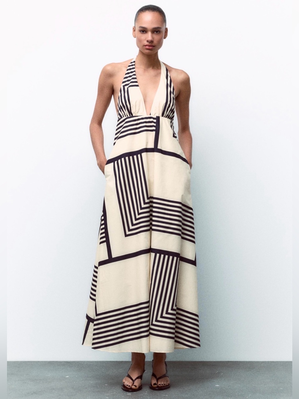 ZARA Black & Cream Geometric Halter Maxi Dress